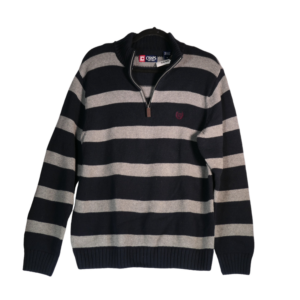 Chaps Sweater Mens Medium Gray Black Stripe 100% Cotton 1/4 Zip Holiday Ski